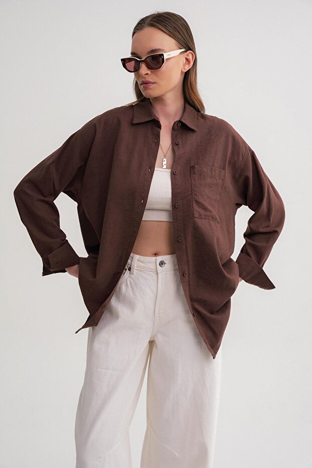 4670 Kadın Cepli Oversize Basic Keten Gömlek Kahve - 4