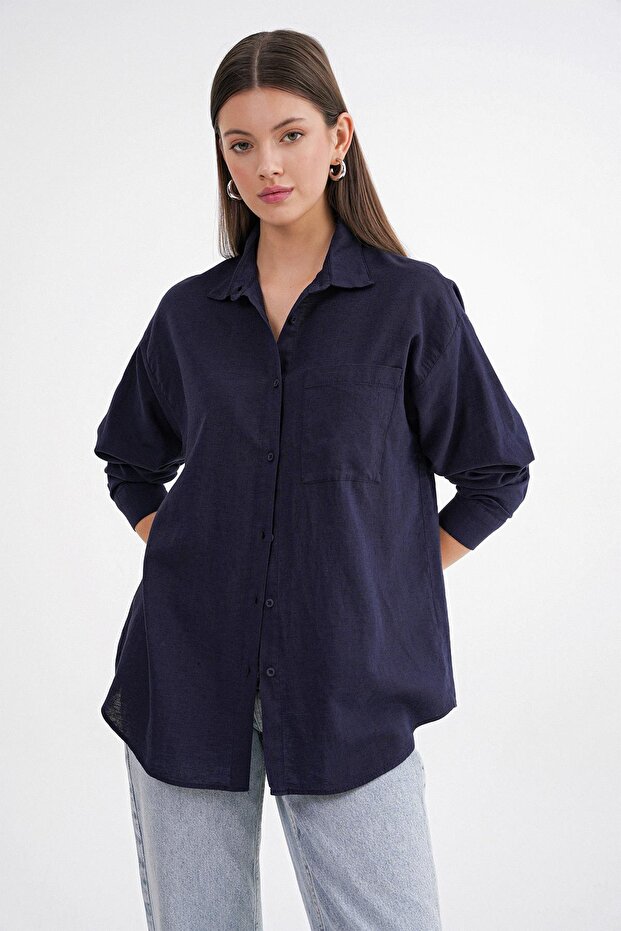 4670 Kadın Cepli Oversize Basic Keten Gömlek Lacivert - 4