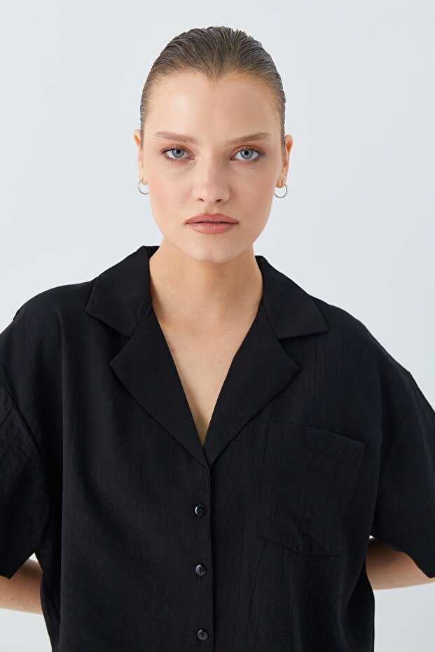 4556 Kadın Cepli Basic Crop Gömlek Siyah - 5