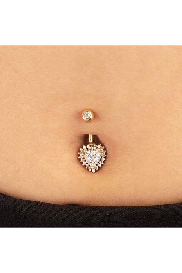 14 Ayar Altın Taşlı Kalp Gösterişli Göbek Piercing - 2