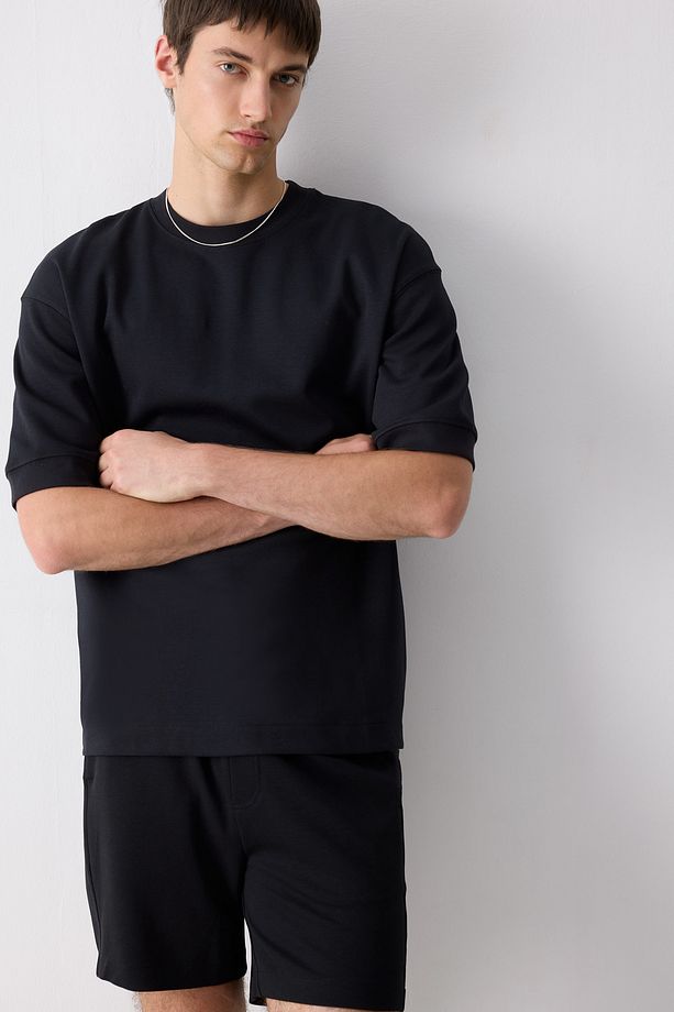 Loose Fit Bisiklet Yaka Kısa Kollu Ağır Kumaş Basic Düz Siyah Tişört B4844ax24sp - 4