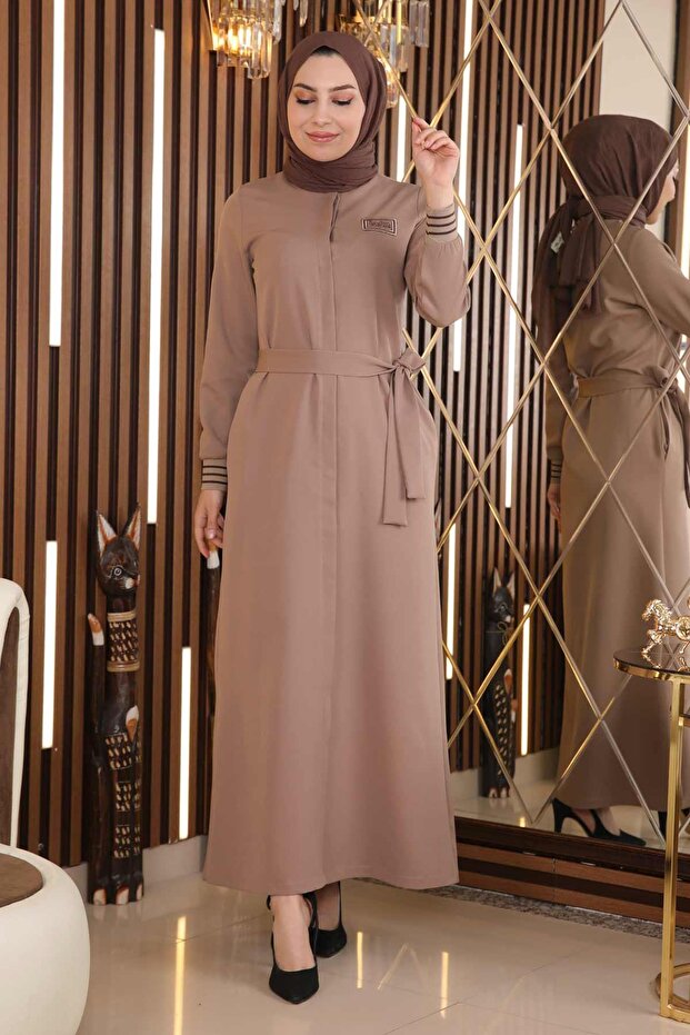 Hidden Button Ribbed Abaya Mink 18901 - 3