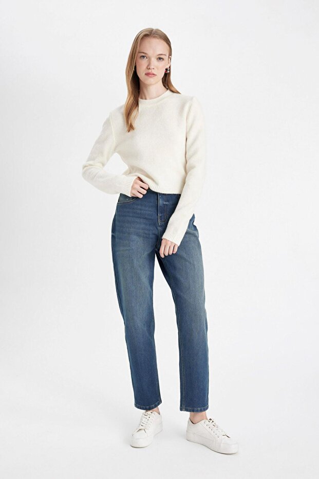 Comfort Mom High Waist Ankle Length Jean Washed Trousers D1403Ax24Wn
