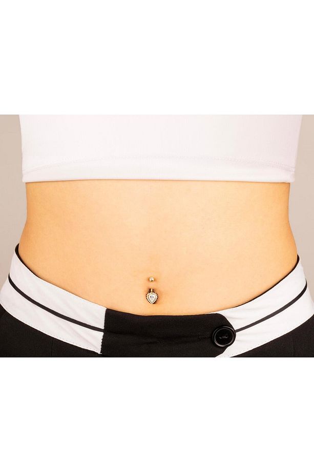 14 Ayar Altın Taşlı Kalp Gösterişli Göbek Piercing - 3