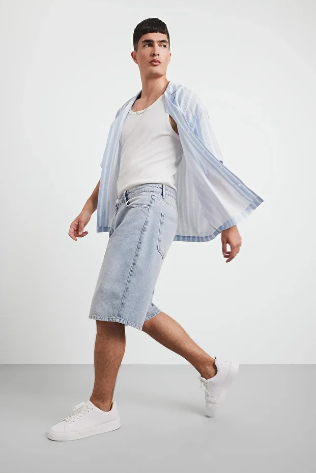 %100 Pamuk Baggy Fit Jean Bermuda Şort F7910AX25HS - 1