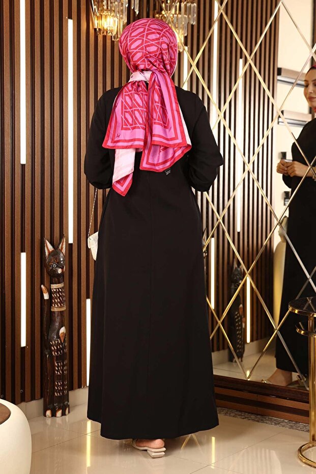 Buttoned Side Tieed Abaya Black 19133 - 5
