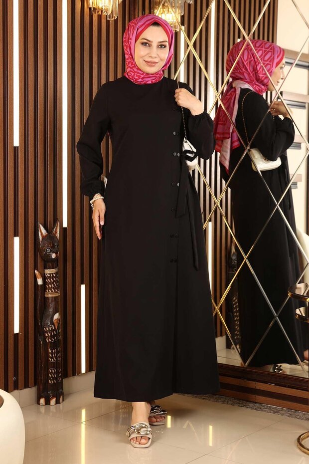 Buttoned Side Tieed Abaya Black 19133 - 3