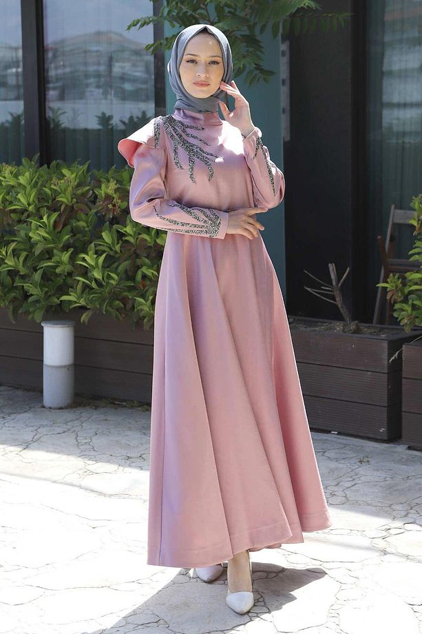 Taşlı Yakma Desenli Abiye Gül Kurusu 11403 - 4