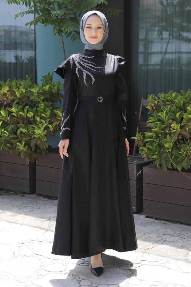 Stoned Burning Pattern Abendkleid Schwarz 11403