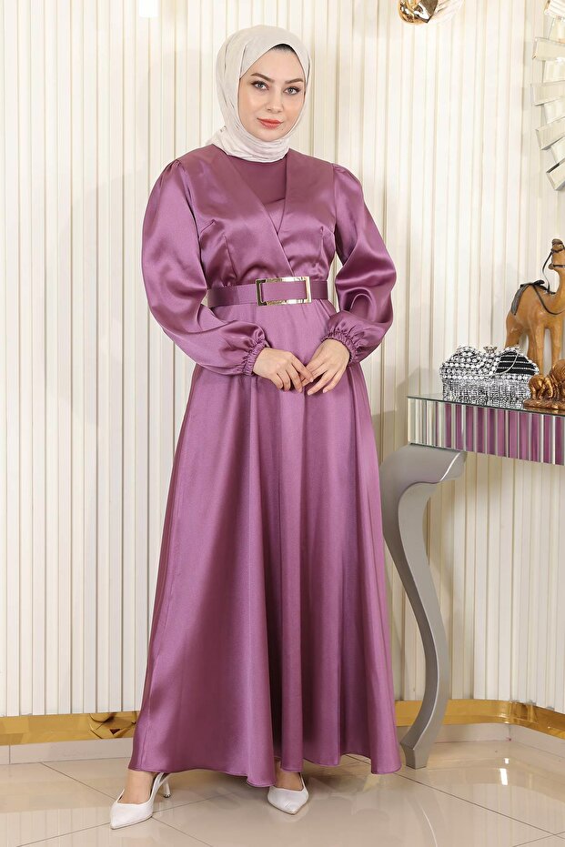 Belted Satin Evening Dress Dried Rose 19191