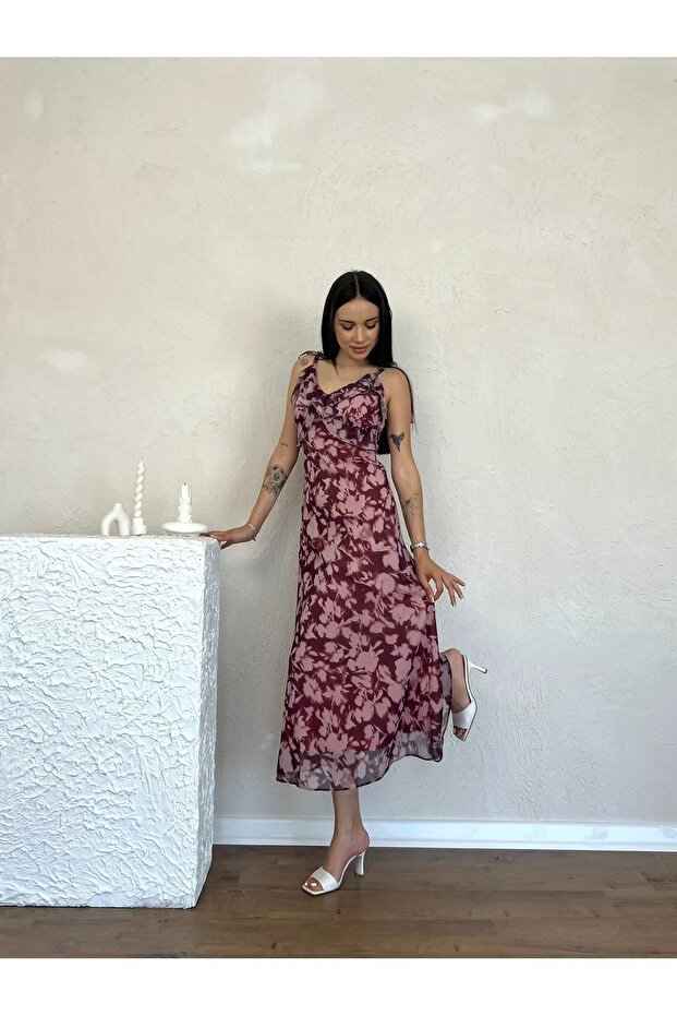 Patterned Strap Long Length Colorful Women's Dress