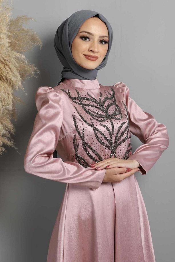 Taşlı Yakma Desenli Abiye Gül Kurusu 11404 - 2