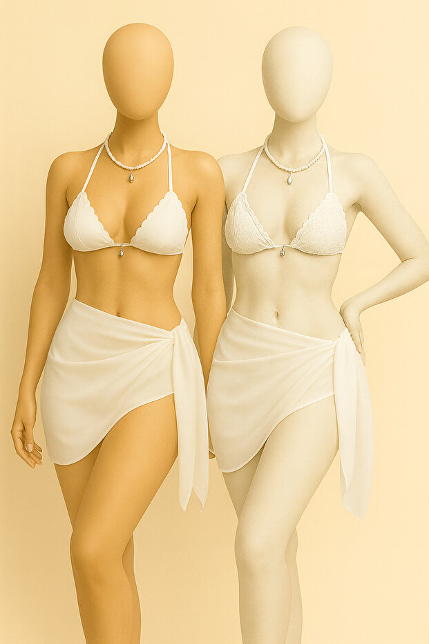 2'Li Plaj Pareo Tül Beyaz Overlok Kenarlı 150x50 - 1