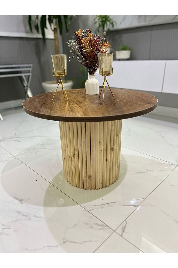 bohem dekoratik ayaklı çıtalı yuvarlak sehpa MDF üstü ceviz renk ahşap çıtalı 72cm üst çapı - 1
