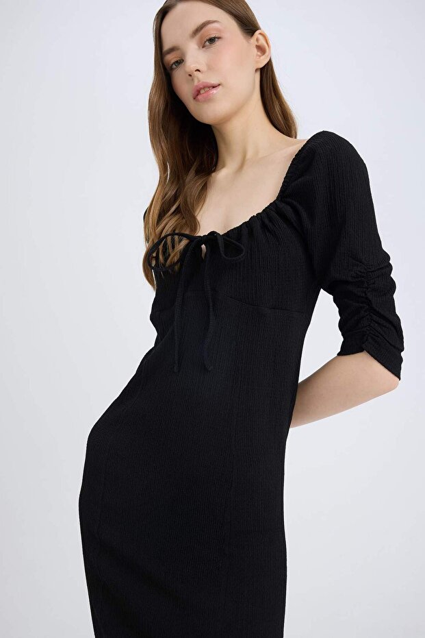 Bodycon Vücudu Saran Kare Yaka Yırtmaçlı Basic Düz Bürümcük Yarım Kol Siyah Midi Elbise E0885AX25SP - 2