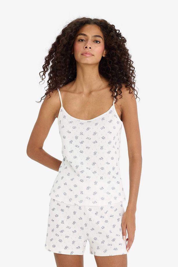 Regular Fit Pijama Takımı Askılı Desenli Pijama Üstü Esnek belli Şort Pijama Altı-Fall in Love F6137 - 4