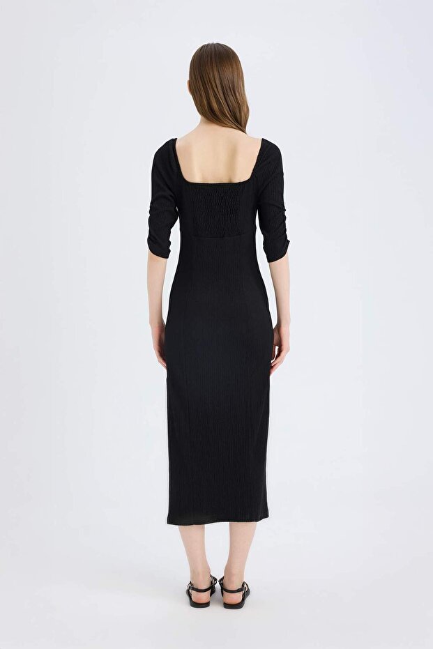 Bodycon Vücudu Saran Kare Yaka Yırtmaçlı Basic Düz Bürümcük Yarım Kol Siyah Midi Elbise E0885AX25SP - 6