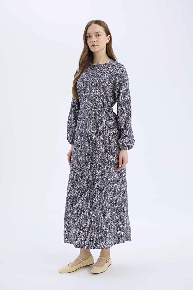 Regular Fit Bisiklet Yaka Desenli Kuşaklı Uzun Kollu Maxi Elbise E5247AX25SP - 1