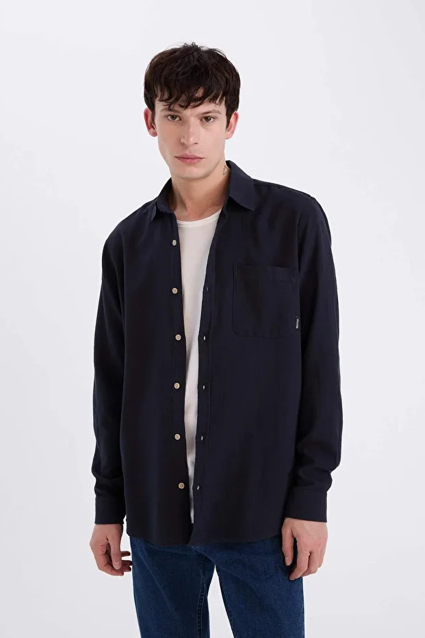 %100 Pamuk Regular Fit Basic Düz Uzun Kollu Gömlek D7079AX25SP - 1