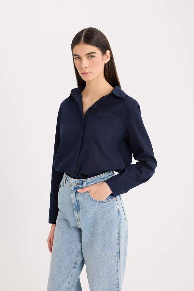 Regular Fit Basic Düz Cepli Uzun Kollu Gömlek W7734AZ25SP - 4