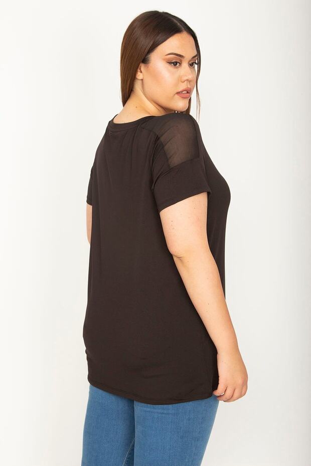 Women's Large Size Black Shoulders Tulle Detailed Sports Blouse 65n26370