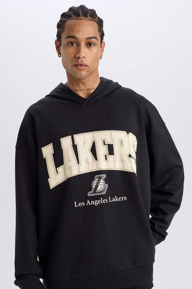 DeFactoFit NBA Los Angeles Lakers Oversize Geniş Kalıp Kapüşonlu Skuba Dalgıç Kumaş Sweatshirt D6709 - 4