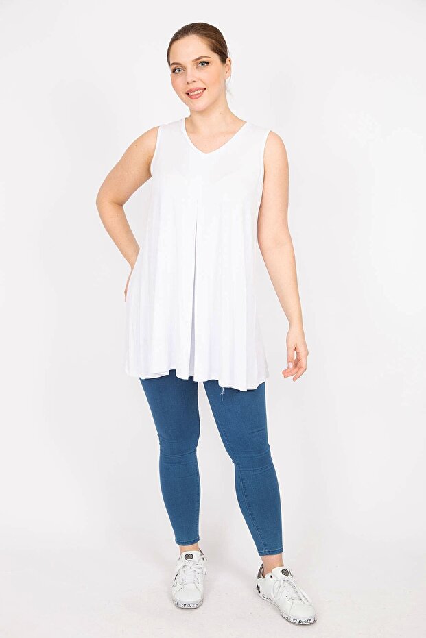 Women's White Large Size Front A Pleated V-Neck Long Blouse 65n35950