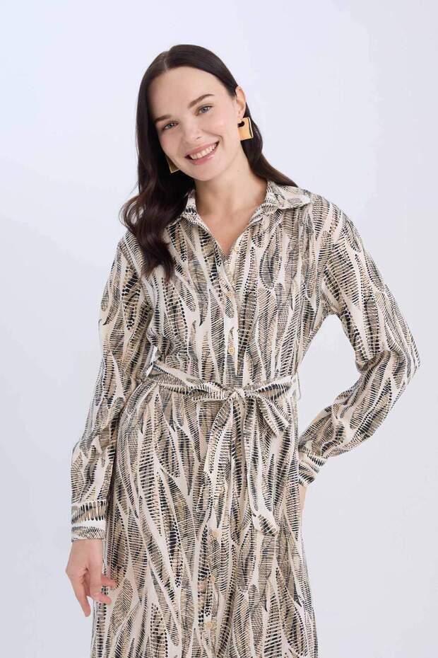 Regular Fit Desenli V Yaka Kuşaklı Uzun Kollu Maxi Elbise E0784AX25SP - 4