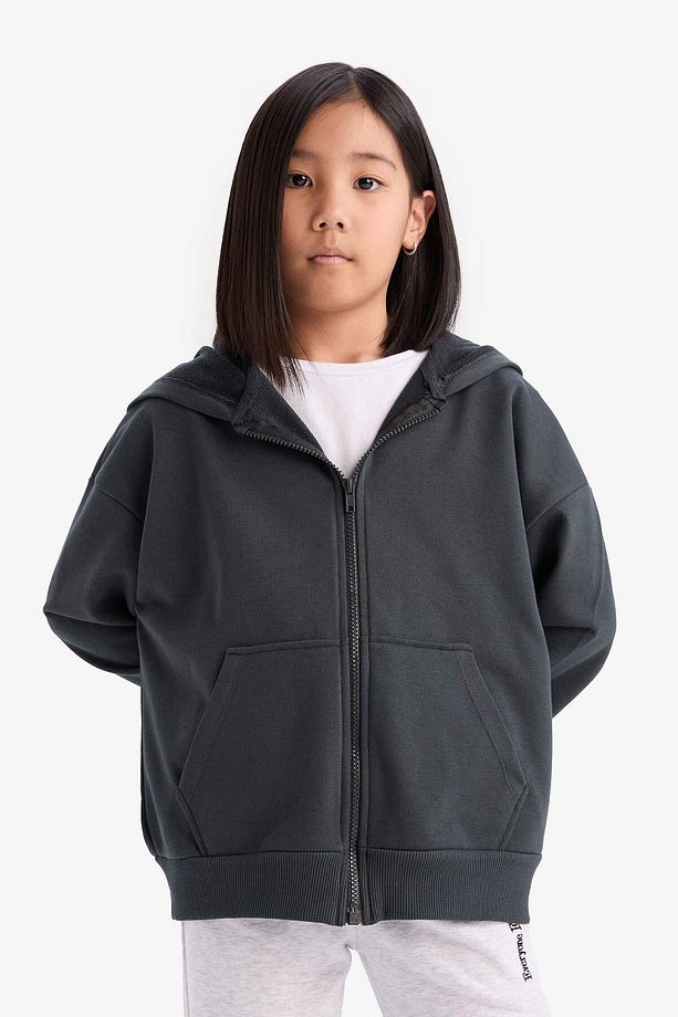 Kız Çocuk Kapüşonlu Basic Düz Cepli Fermuarlı Sweatshirt D9079A825SP - 3