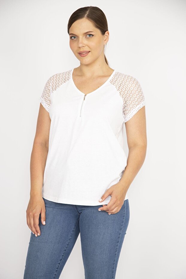 Women's White Large Size Cotton Fabric Front Placket Zippered Sleeves Lace Blouse 65n36586
