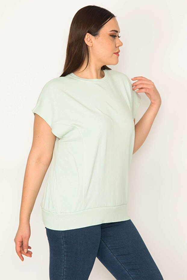 Women's Large Size Green Cup Detailed Ribbed Low Sleeve Sweatshirt 65N31445