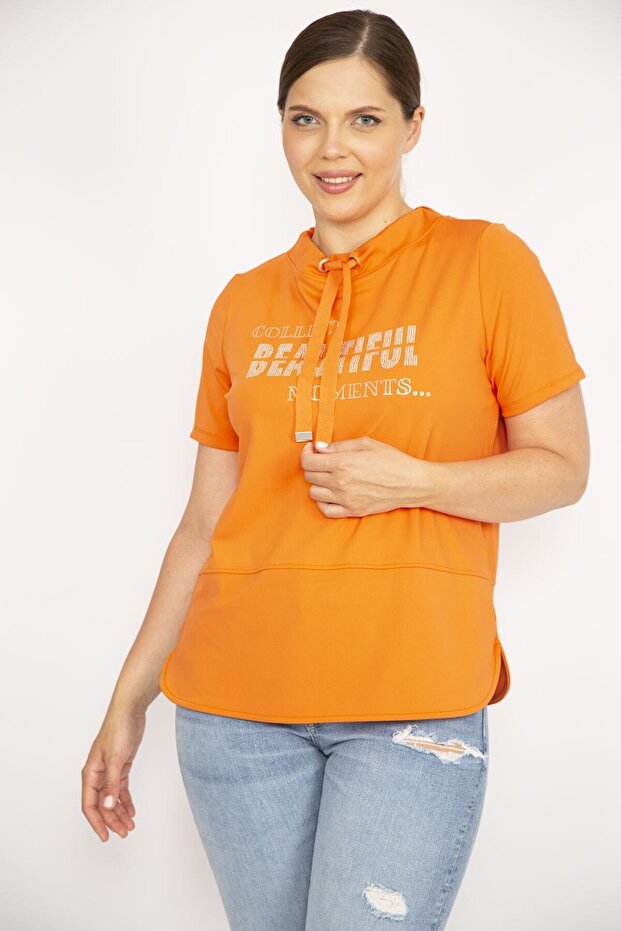 Women's Orange Oversize Collar Eyelet Lace and Stone Detailed Sweatshirt 65n36656
