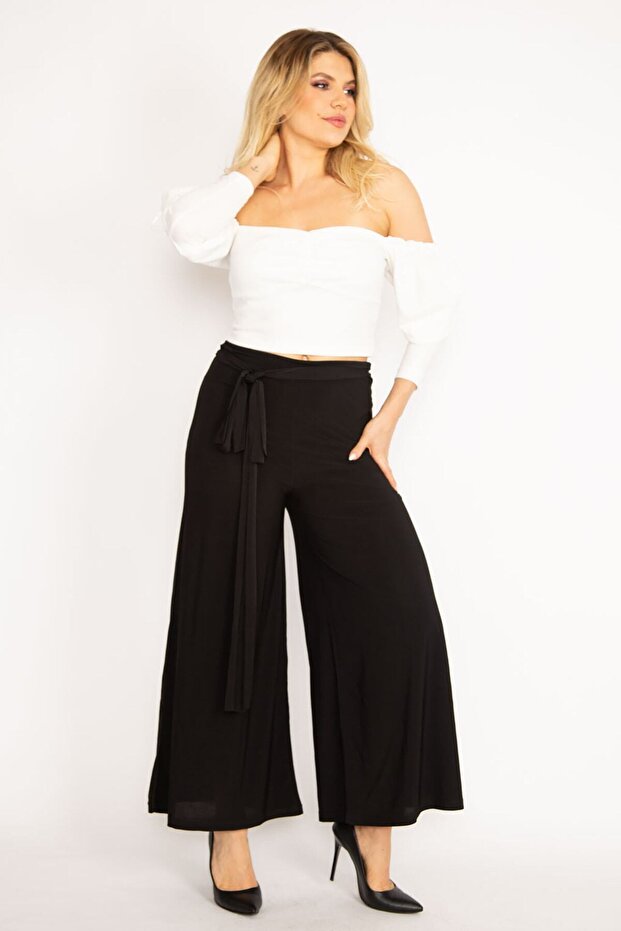 Women's Large Size Black Lycra Sandy Fabric Wide Leg Belted Trousers 65n34288
