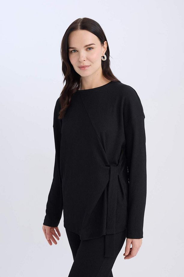 Regular Fit Bisiklet Yaka Basic Düz Bürümcük Uzun Kollu Tişört E1800AX25SP - 4