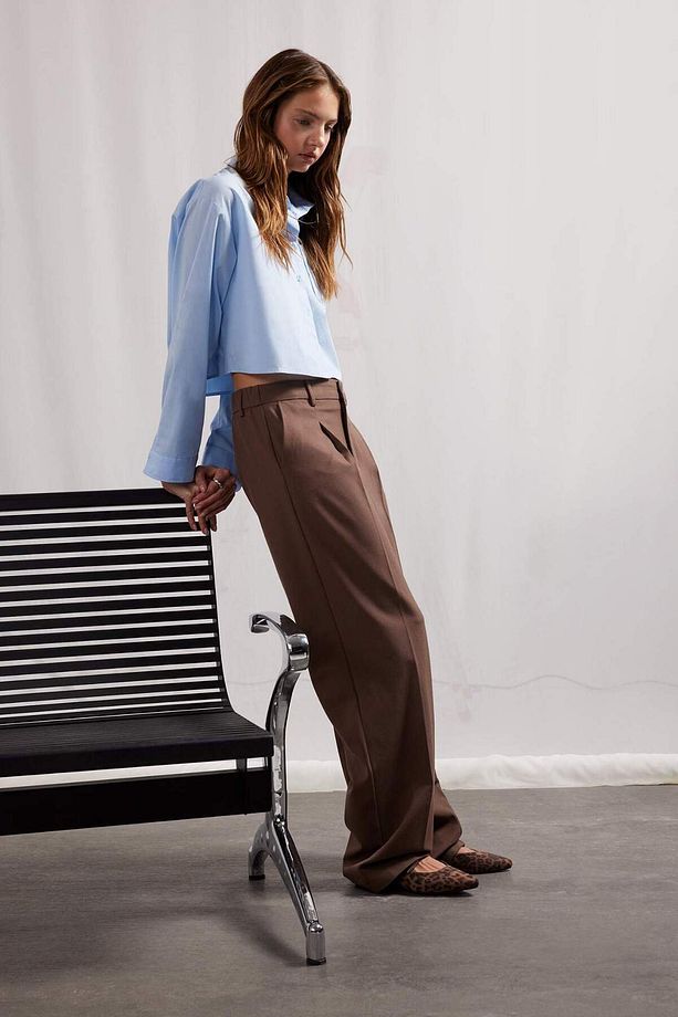 Wide Leg Klasik Kumaş Pantolon Geniş Bol Paça Çift Cepli Yüksek Bel Standart Boy Basic Düz D4360AX25 - 3