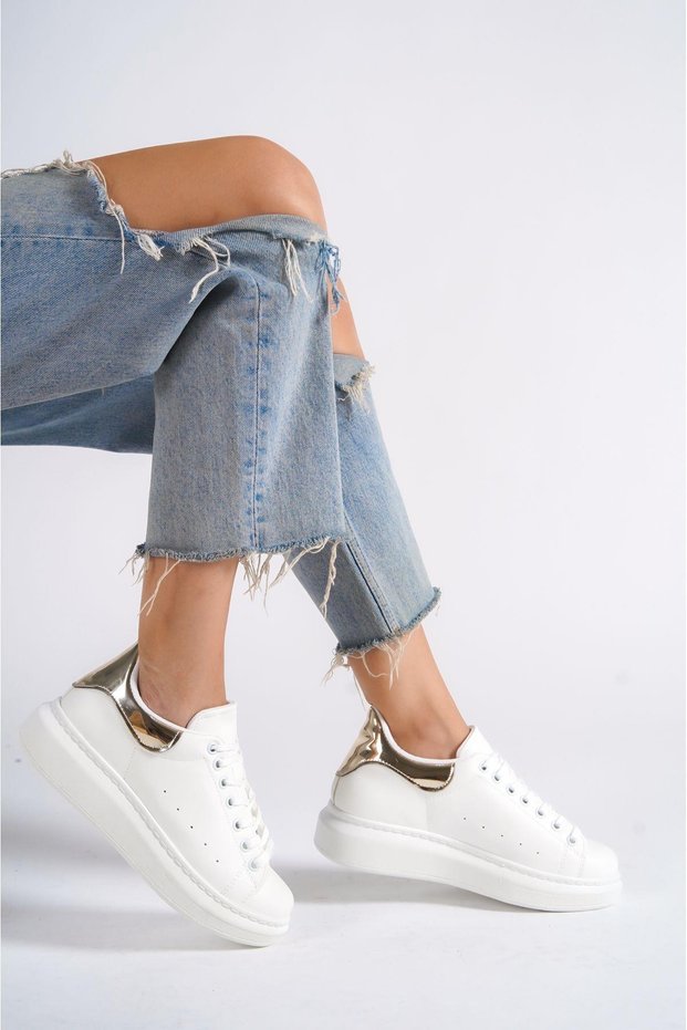 Mbmkq200-Ba Women's Thick Sole White/Gold Sneaker & Sports Shoes