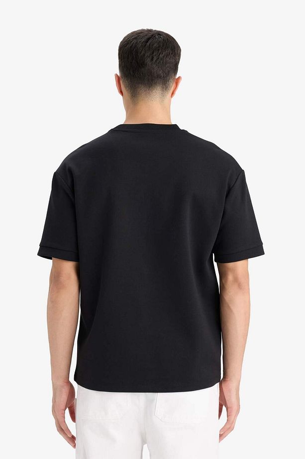 Oversize Geniş Kalıp Bisiklet Yaka Basic Düz Kısa Kollu Ağır Kumaş Siyah Tişört B6494AX25SP - 6