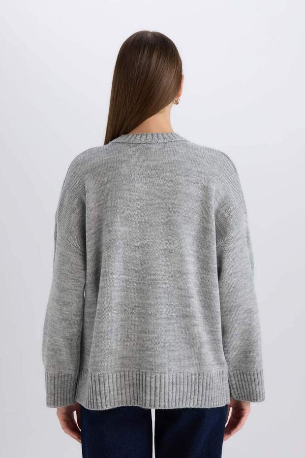 Oversize Geniş Kalıp Bisiklet Yaka Basic Düz Triko Kazak D0036AX25SP - 6
