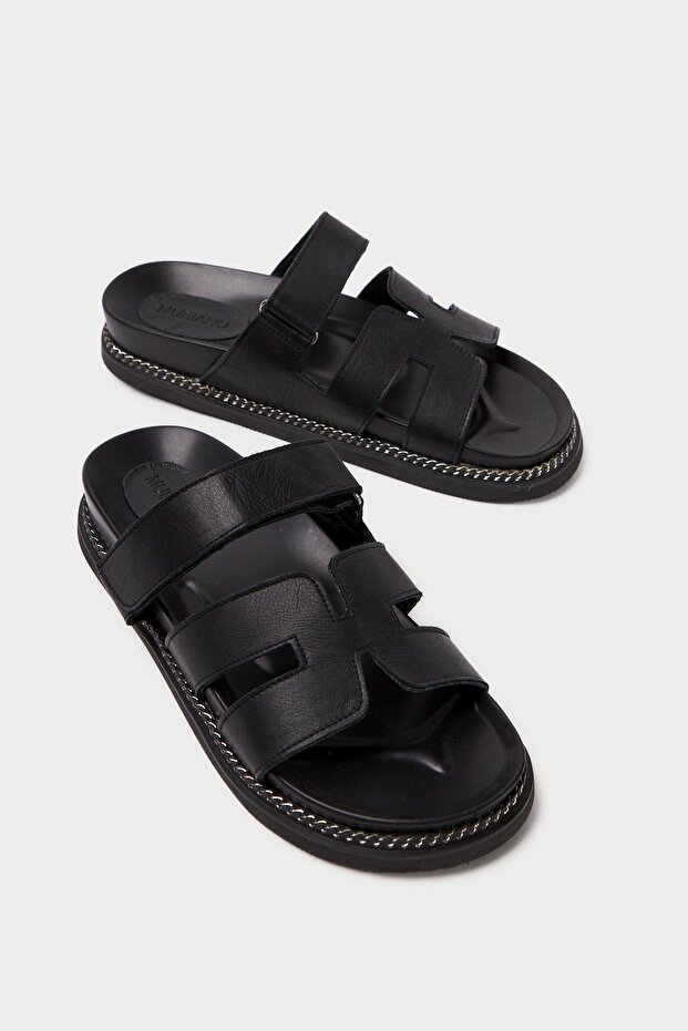 Genuine Leather Mb3838-S Orthopedic Sole Women's Black Slippers