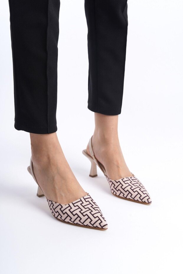 Mblnr704-Bs Women's Open Back Pointed Toe Fabric Detail Beige/Black Stiletto & Heeled Shoes