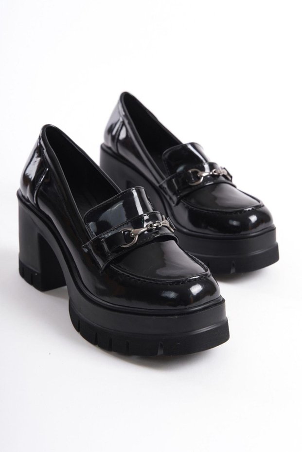 Genuine Leather Mberr604-S Women's Thick Heeled Patent Leather Buckle Detail Black College Heeled Shoes