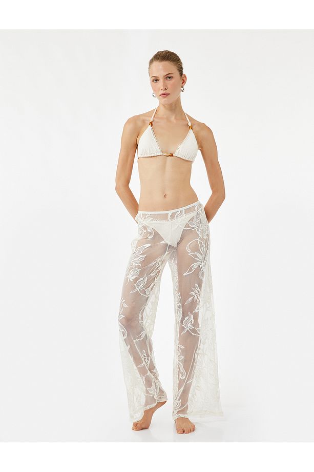 Transparan Floral Dokulu Geniş Paça Dantel Pareo Pantolon - 1