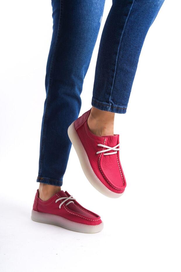 Genuine Leather Mbmtt401-Fs Women's Thick Sole Lacing Detail Fuchsia Loafer