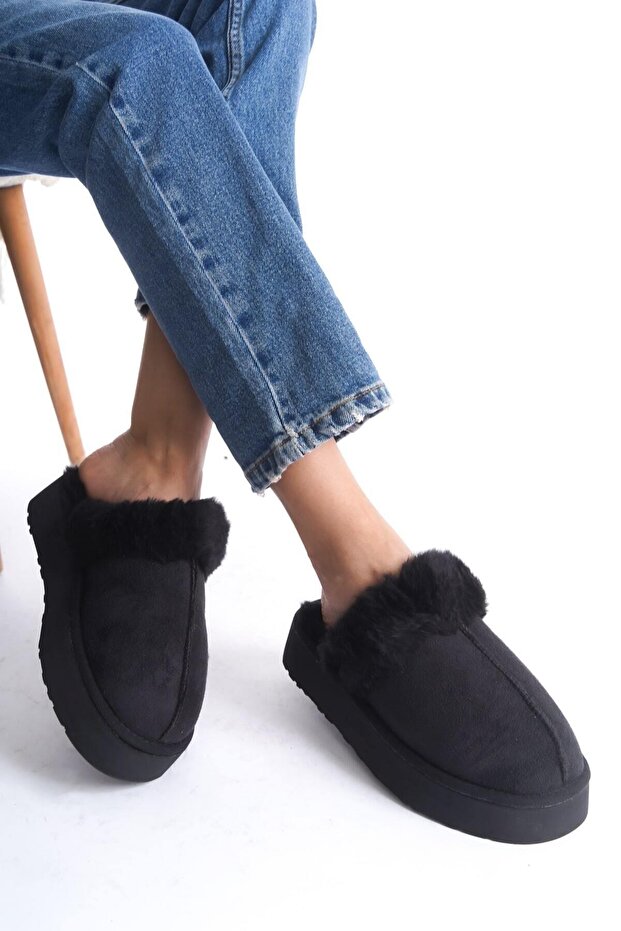 Mbsr607-S Women's Inner and Outer Fur Black Winter Slippers