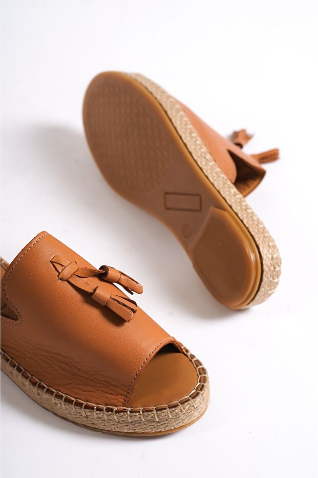 605-tb Genuine Leather Tasseled Tan Women's Espadrille Slippers