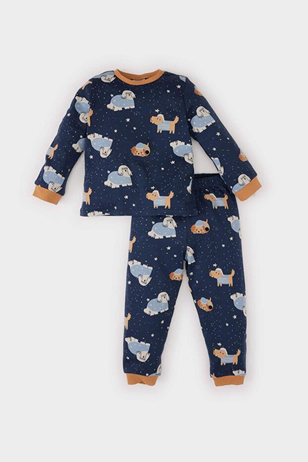 Erkek Bebek Pijama Takımı Bisiklet Yaka Desenli Uzun Kollu Üst Beli Lastikli Uzun Alt D7156A524WN - 1