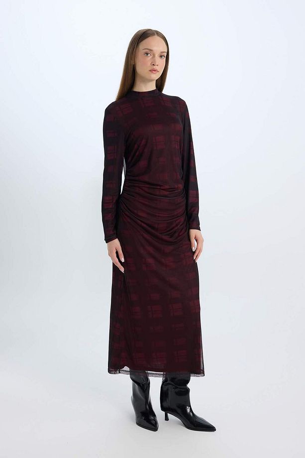 Regular Fit Yarım Balıkçı Yaka Desenli Uzun Kollu Maxi Tül Elbise E1959AX24WN - 2