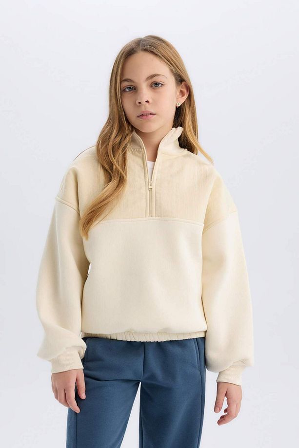 Kız Çocuk Oversize Geniş Kalıp Yarım Fermuarlı Basic Düz İçi Yumuşak Tüylü Sweatshirt D6184A824WN - 3
