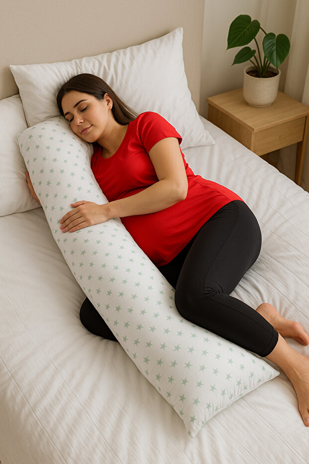 Pregnancy Support Pillow 120x40 Cm 100% Organic Cotton Fabric Zippered Lined Star Model