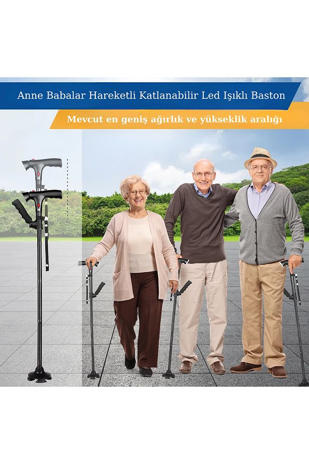 Anne Babalar Ve Hastalar İçin Hareketli Katlanabilir Led Işıklı Baston Alarm Destekli 4 Ayaklı - 1